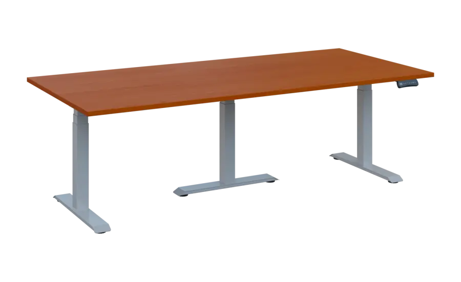 FLEXIMEET 220-100 výškově nastavitelný stůl, kovová podnož stříbrná, deska 25 mm, široký 2200 mm, třešeň šumavská